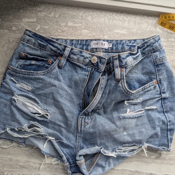 Pants - Women's Distressed Denim Shorts - Light Blue